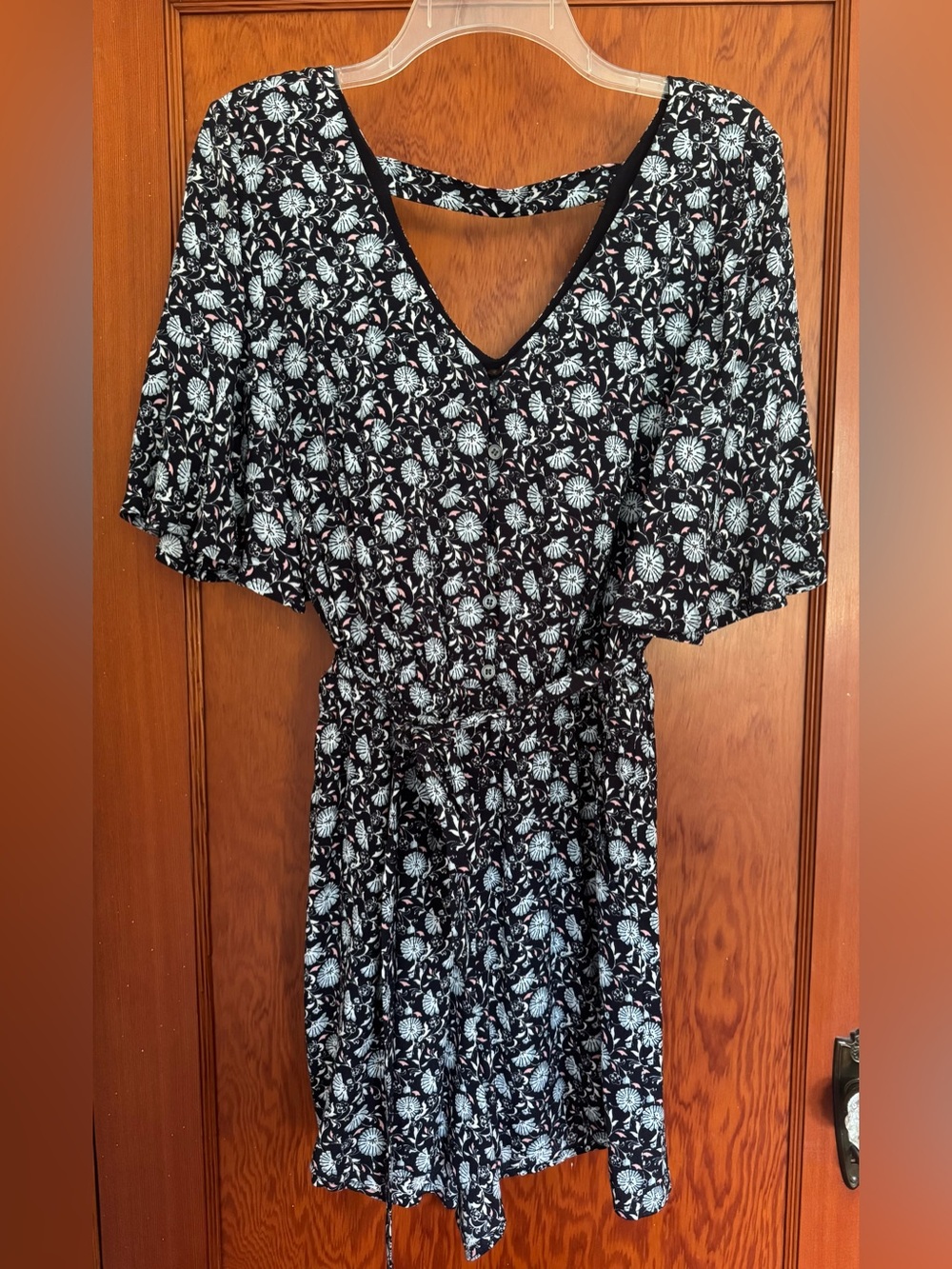 LOFT Navy Blue Floral V-Neck Romper with White and Pink Accents